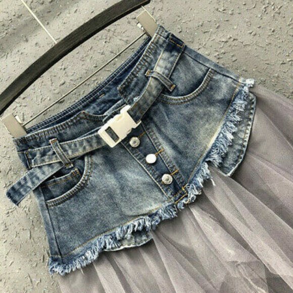 ~New~ Denim Tulle Asymmetric Goth Denim Skirt - Picture 2 of 4
